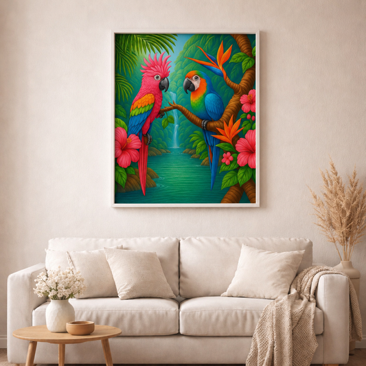 Tropisches Papageien-Paradies - Diamond Painting Kit - AI Artwork by  SK Moments 70x70cm (eckige Steine)