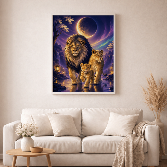 Mondpfad der Löwenfamilie mit 120 Farben - Diamond Painting Kit - AI Artwork by SK Moments 70x87cm (eckige Steine)