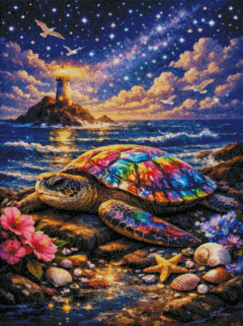 Traumschildkröte am Leuchtturm mit 119 Farben - Diamond Painting Kit - AI Artwork by SK Moments 60x80cm (eckige Steine)