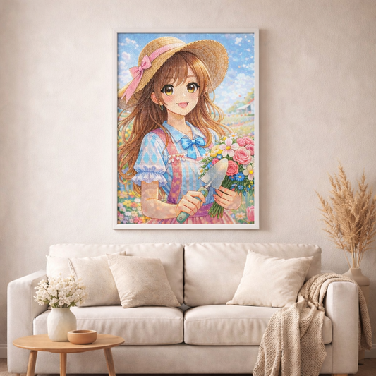 Blumenmädchen im Sonnenschein - Diamond Painting Kit - AI Artwork by Farbenzauberwelt 50x50cm (eckige Steine)
