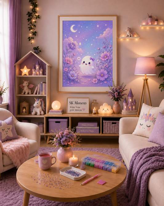 Kleines Geisterchen Luna – Diamond Painting Kit | 40*50 cm | 44 DMC-Farben | Artwork by tiki_DIAMONDS.ai