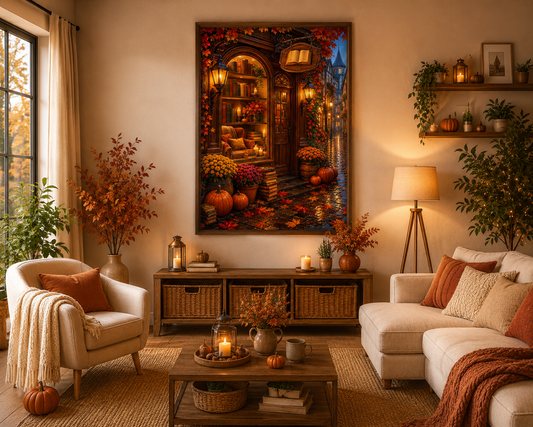Verregneter Buchladen im Herbstlicht  - Diamond Painting Kit | 70*100 cm Hochformat 120 DMC-Farben, 80*60 cm Querformat 107 DMC-Farben| Artwork by SK Moments