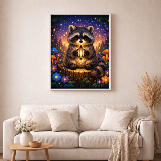 Magischer Waschbär - Diamond Painting Kit - AI Artwork by SK Moments 50x50cm (eckige Steine)