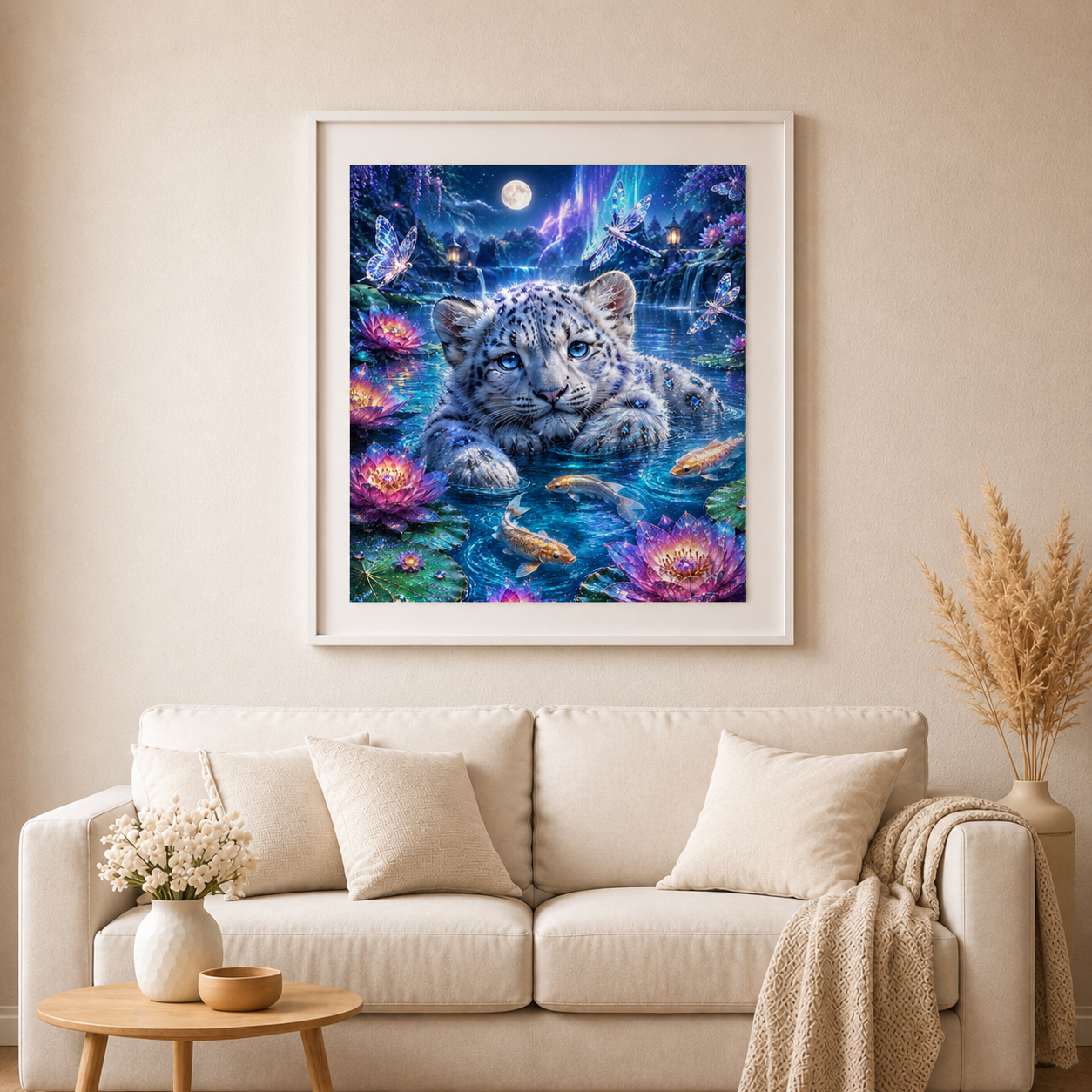Mondlagune des Schneeleoparden mit 100 Farben - Diamond Painting Kit - AI Artwork by SK Moments 70x87cm (eckige Steine)