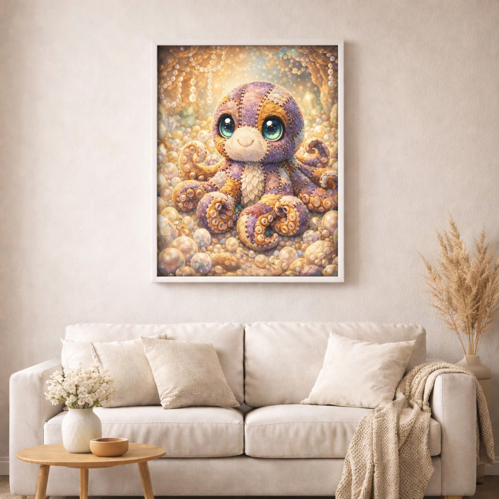 Patchwork Krake Toni - Diamond Painting Kit - AI Artwork by Planetenparty 50x50cm (eckige Steine)