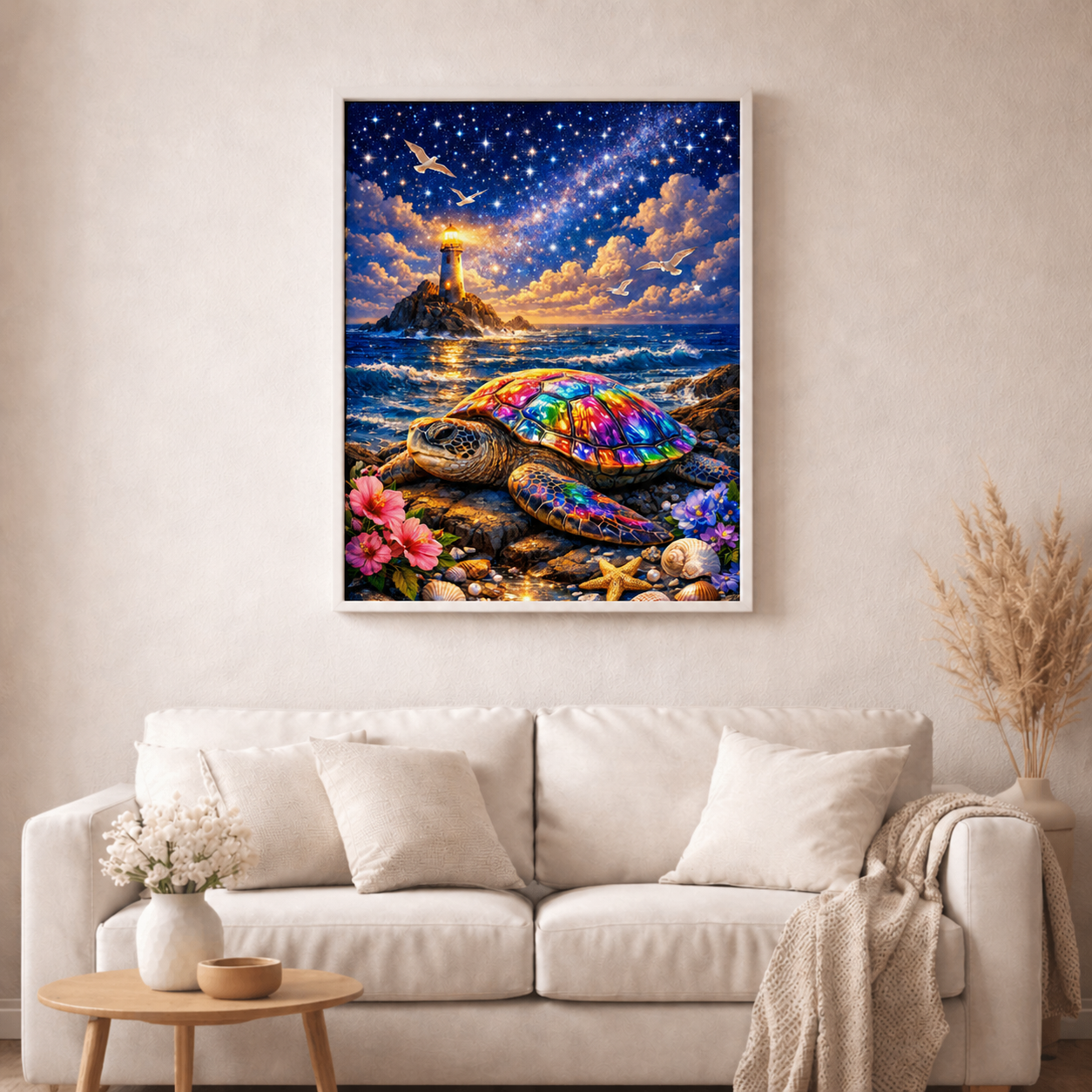 Traumschildkröte am Leuchtturm mit 119 Farben - Diamond Painting Kit - AI Artwork by SK Moments 60x80cm (eckige Steine)