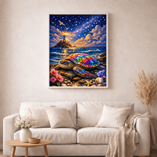 Traumschildkröte am Leuchtturm mit 119 Farben - Diamond Painting Kit - AI Artwork by SK Moments 60x80cm (eckige Steine)