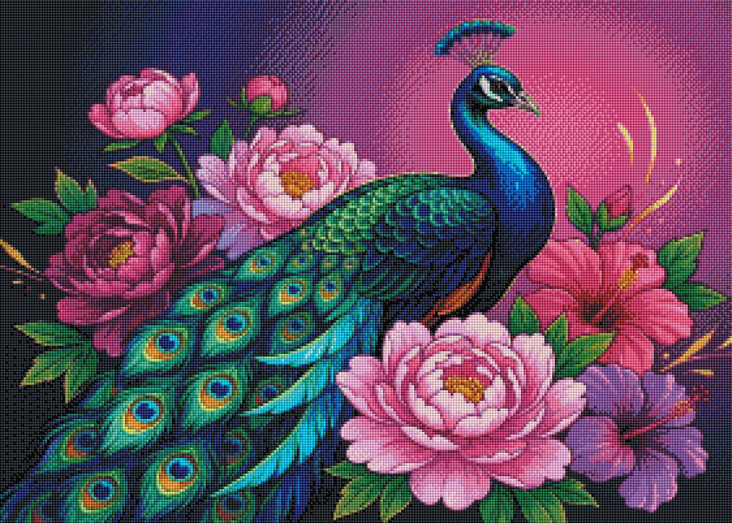 Majestätischer Pfau in Blütenträumen - Diamond Painting Kit - AI Artwork by SK Moments 70x50cm (eckige Steine)