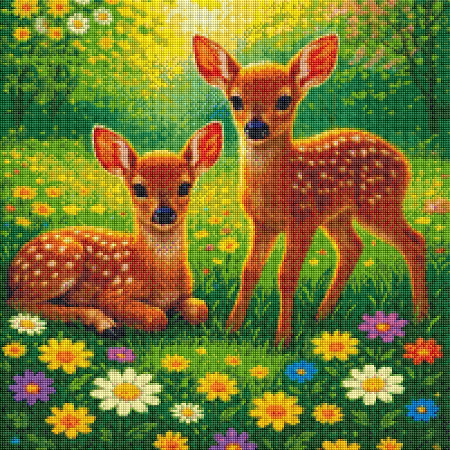 Rehkitze im Blütenmeer - Diamond Painting Kit - AI Artwork by SK Moments 50x50cm (eckige Steine)